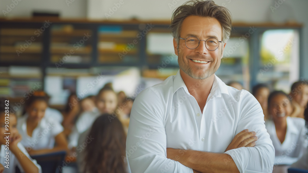 Middle age Caucasian man, teacher in front of his elementary school class, back to school concept, copy space Middle age Caucasian man, teacher in front of his elementary school class, back to school concept, copy space