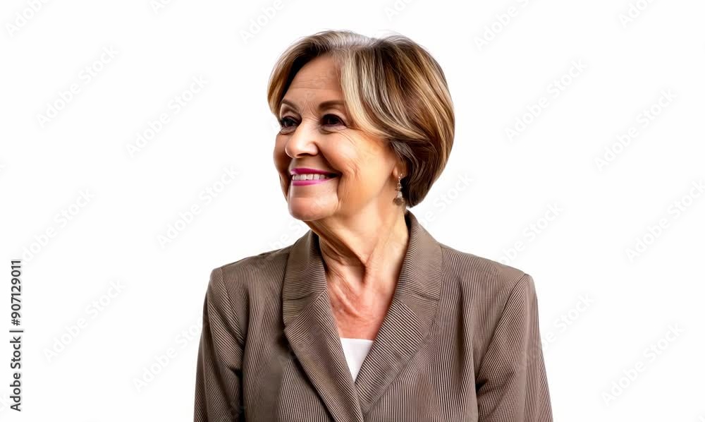 Medium shot portrait video of a pleased woman in her 50s that is wearing a classic blazer against a white background Medium shot portrait video of a pleased woman in her 50s that is wearing a classic blazer against a white background