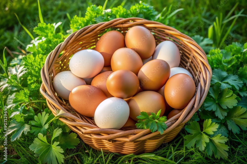 Assortment of fresh, brown, and white free-range eggs nestled in a rustic, woven basket, surrounded by lush green grass and a few sprigs of parsley. Assortment of fresh, brown, and white free-range eggs nestled in a rustic, woven basket, surrounded by lush green grass and a few sprigs of parsley.