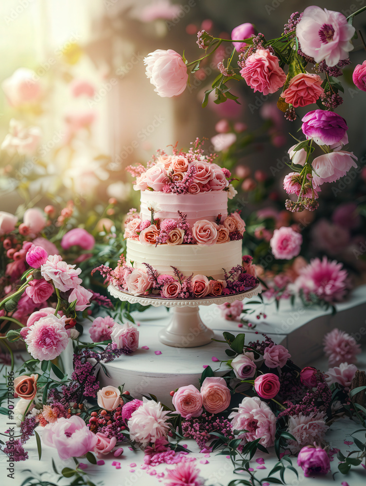 Wedding cake fully with dense floral roses bright shades pink vintage cake stand, light background Wedding cake fully with dense floral roses bright shades pink vintage cake stand, light background