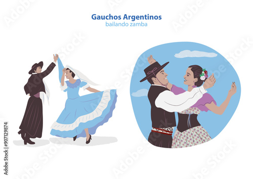 Parejas de gauchos argentinos bailando zamba con vestimentas tradicionales vectorial editable