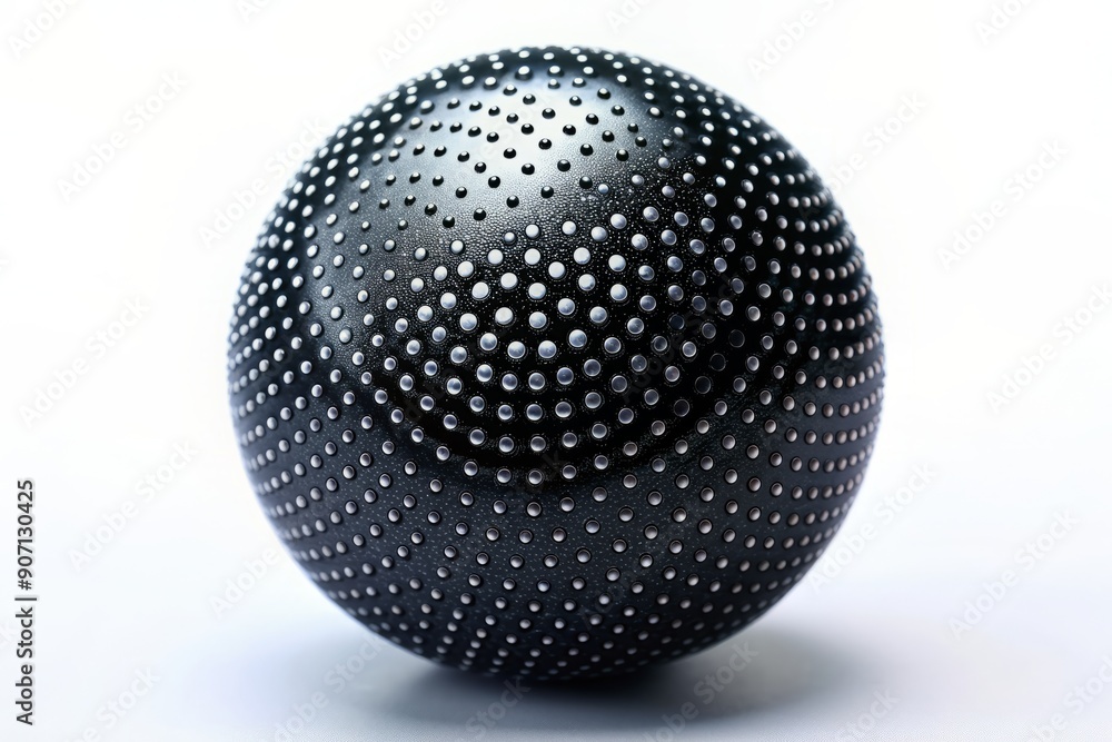 A shiny black sphere covered in tiny white dots, evenly spaced and uniform in size, against a plain white background with slight gradient effect. A shiny black sphere covered in tiny white dots, evenly spaced and uniform in size, against a plain white background with slight gradient effect.