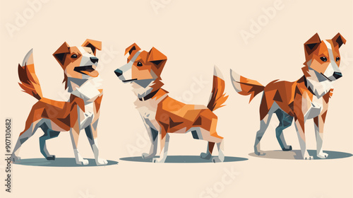 Three brown white geometric dogs different poses, stylized canine illustration, modern abstract dog design. Low poly dogs, side view, front view, threequarters polygonal animal art, contemporary