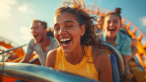 A group of Asian friends ride a rollercoaster and laugh. The exciting ride is clear from their happy expressions