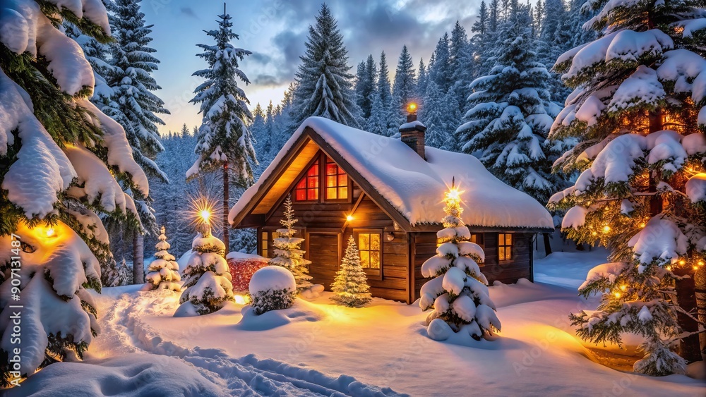 Cozy cabin nestled among snow-covered evergreens, adorned with twinkling string lights and festive decorations, evoking a sense of warm winter wonderland tranquility. Cozy cabin nestled among snow-covered evergreens, adorned with twinkling string lights and festive decorations, evoking a sense of warm winter wonderland tranquility.