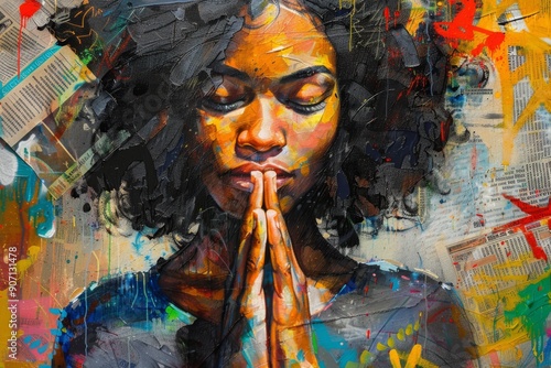 This mixed-media piece portrays an African woman in prayer using a variety of textures, colors, and techniques. © Halina Berah