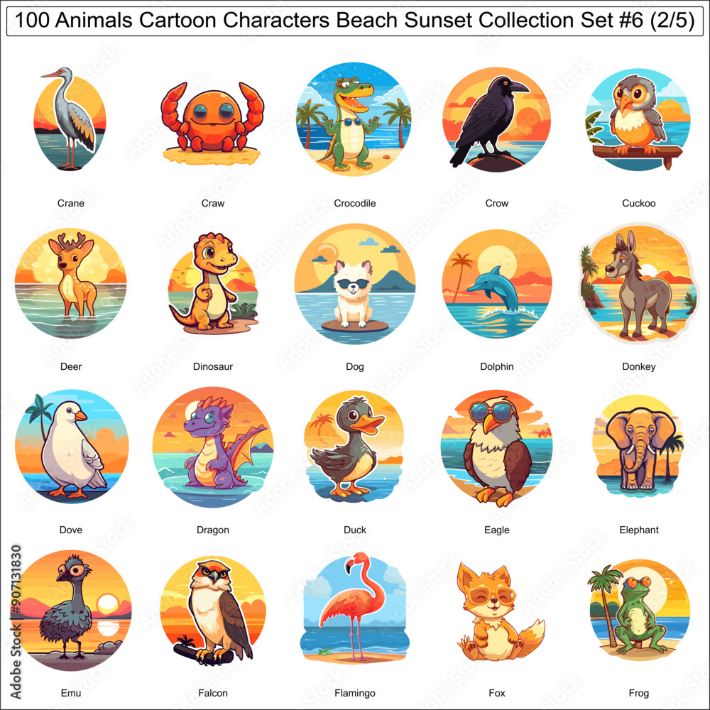 Colorful Cartoon Characters Animals on Beach Sunset Bundle Collection Set of 100 Animals Part 2 Colorful Cartoon Characters Animals on Beach Sunset Bundle Collection Set of 100 Animals Part 2