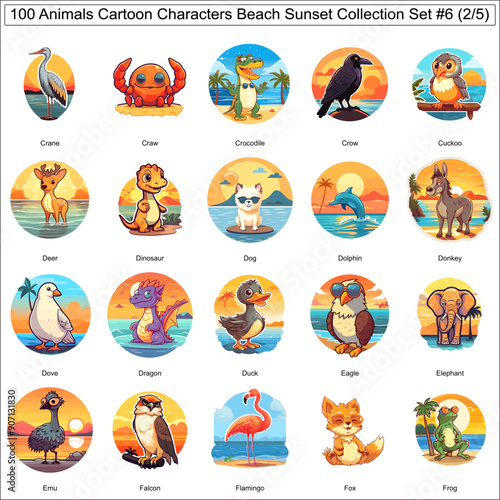 Colorful Cartoon Characters Animals on Beach Sunset Bundle Collection Set of 100 Animals Part 2