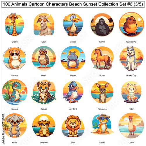 Colorful Cartoon Characters Animals on Beach Sunset Bundle Collection Set of 100 Animals Part 3