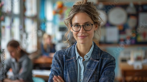 Smiling teacher in a classroom - generative ai photo