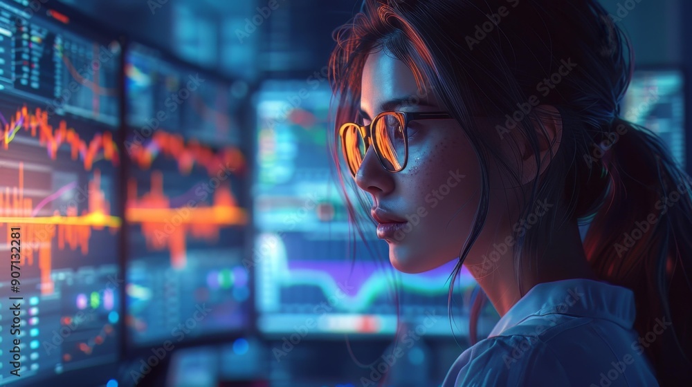 Woman analyzing stock market data on multiple screens - generative ai Woman analyzing stock market data on multiple screens - generative ai