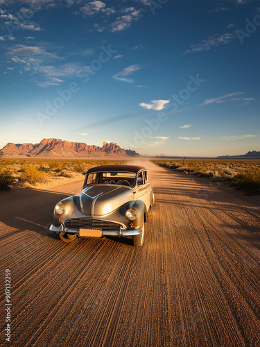 A rarity car drives across the desert at high speeds