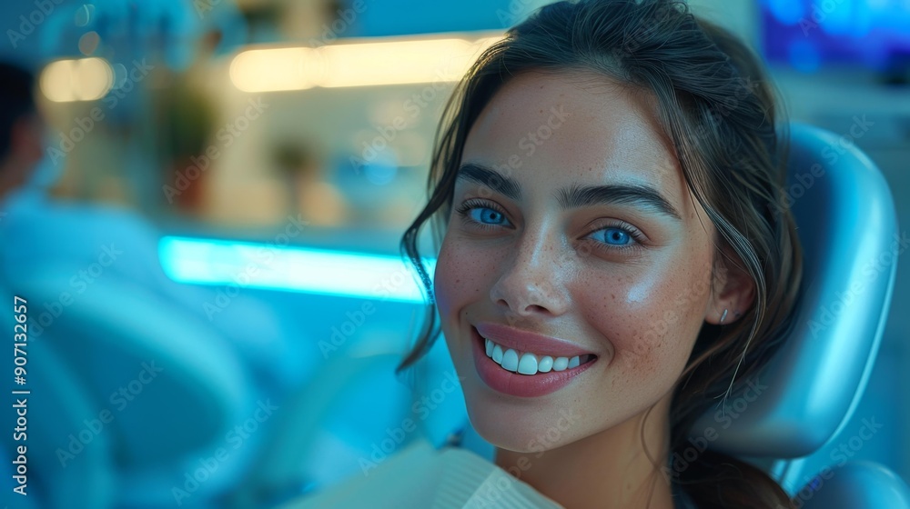 Woman with blue eyes smiling at the dentist office - generative ai Woman with blue eyes smiling at the dentist office - generative ai