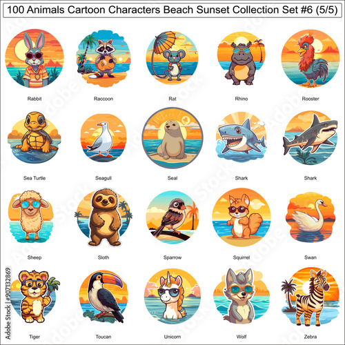 Colorful Cartoon Characters Animals on Beach Sunset Bundle Collection Set of 100 Animals Part 5