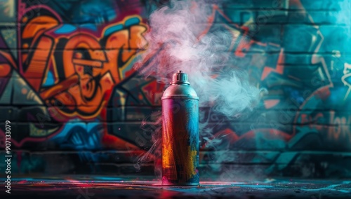 A colorful spray can against a vibrant background