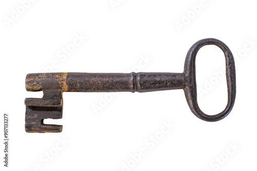 Medieval old key isolated with clipping path. Rusty and heavy iron key of a door’s castle.