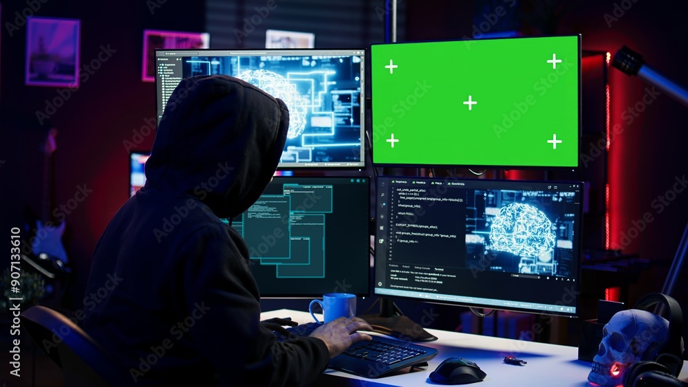Hacker using green screen PC and AI to find unpatched connections and steal data. Scammer using artificial intelligence and chroma key computer to compromise digital devices, camera B Hacker using green screen PC and AI to find unpatched connections and steal data. Scammer using artificial intelligence and chroma key computer to compromise digital devices, camera B