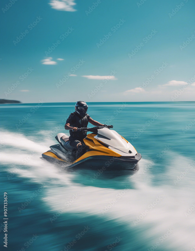Obraz premium Jet ski speeding across crystal clear blue waters with a bright sky 