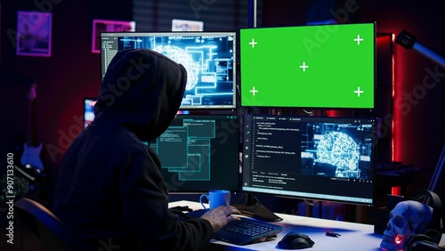 Hacker using green screen PC and AI to find unpatched connections and steal data. Scammer using artificial intelligence and chroma key computer to compromise digital devices, camera B photo