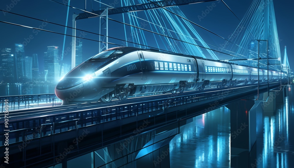 A high-speed modern train travels on a railway or bridge. Passenger train. A high-speed modern train travels on a railway or bridge. Passenger train.