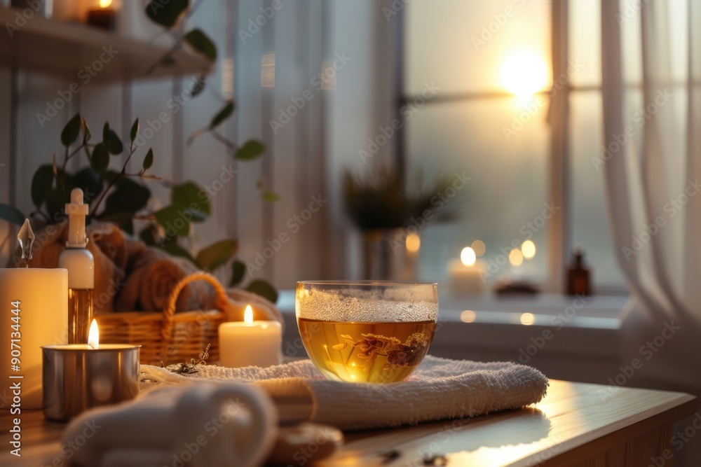 Serene home spa with candles, warm tea, and aromatic oils inviting a tranquil self-care ritual Serene home spa with candles, warm tea, and aromatic oils inviting a tranquil self-care ritual