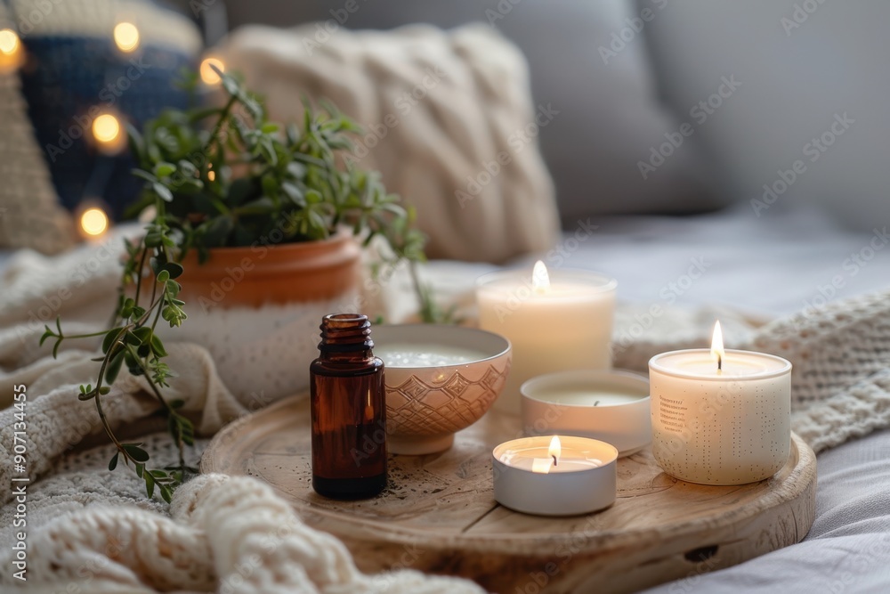 Inviting home spa scene with aromatic candles, essential oils, and a warm, relaxing ambiance Inviting home spa scene with aromatic candles, essential oils, and a warm, relaxing ambiance