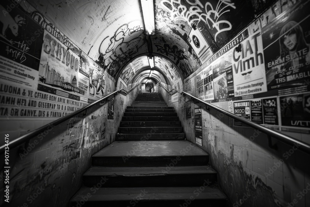 Naklejka premium An underground passage with street art is shown in grayscale