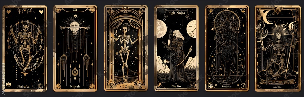 Fototapeta premium A grid of tarot card designs with a black and gold color scheme.