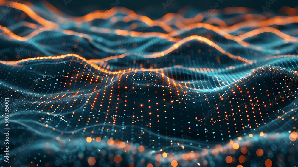a dynamic, flowing landscape made up of numerous illuminated points and lines, creating a sense of undulating waves a dynamic, flowing landscape made up of numerous illuminated points and lines, creating a sense of undulating waves