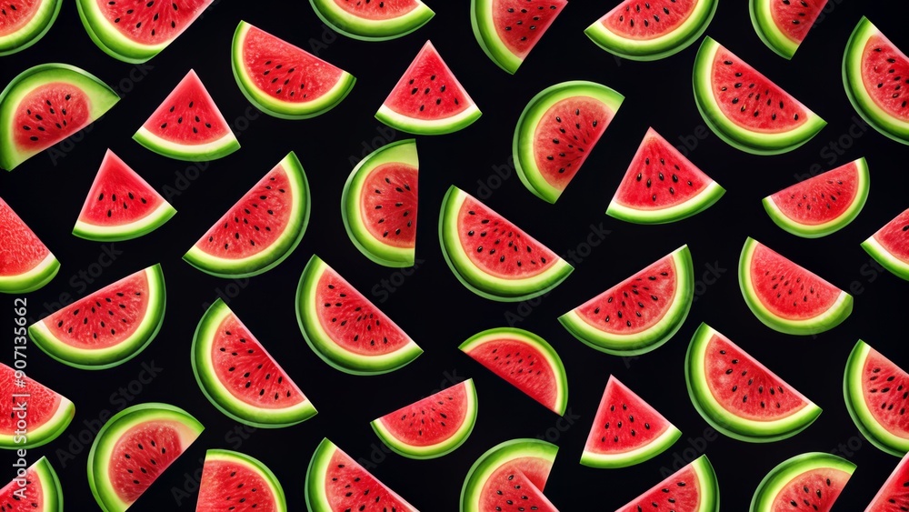 Colorful seamless pattern of juicy watermelon slices on a sleek black background, perfect for t-shirt designs, fabric prints, and other creative projects. Colorful seamless pattern of juicy watermelon slices on a sleek black background, perfect for t-shirt designs, fabric prints, and other creative projects.