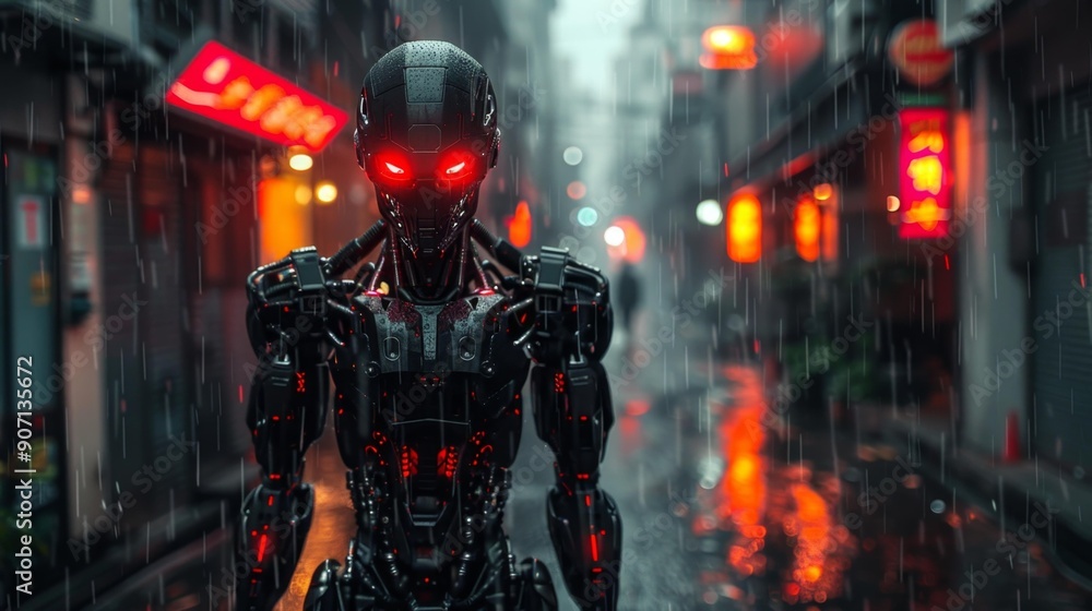 Futuristic robot in rainy neon-lit alley - generative ai Futuristic robot in rainy neon-lit alley - generative ai