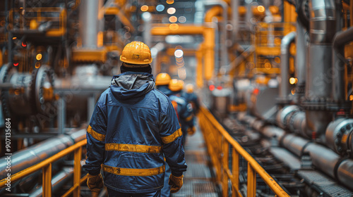 Worker uniform industrial plant, makes survey, checking equipment against background © liubovyashkir