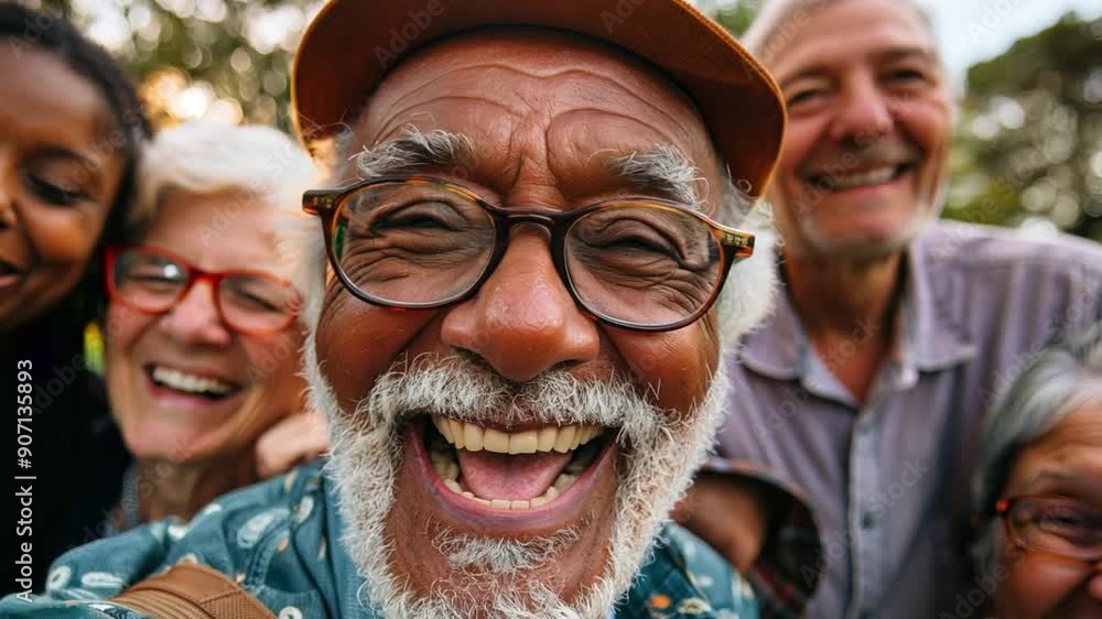 A diverse group of seniors and young adults joyfully posing for a selfie outdoors as the sun sets, showcasing their happiness and friendship.