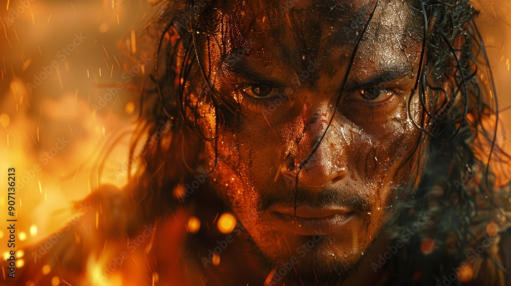 Intense portrait of a man in flames - generative ai Intense portrait of a man in flames - generative ai