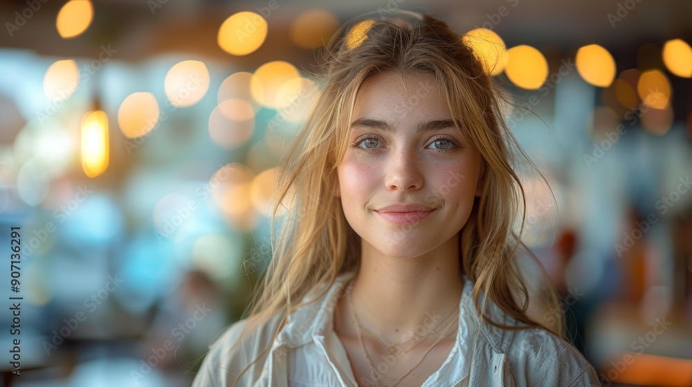 Young woman in a cafe with bokeh lights - generative ai Young woman in a cafe with bokeh lights - generative ai