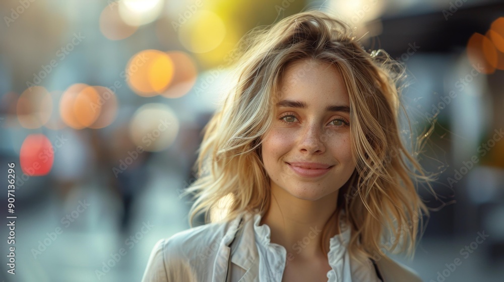 Fototapeta premium Young woman smiling on a city street - generative ai