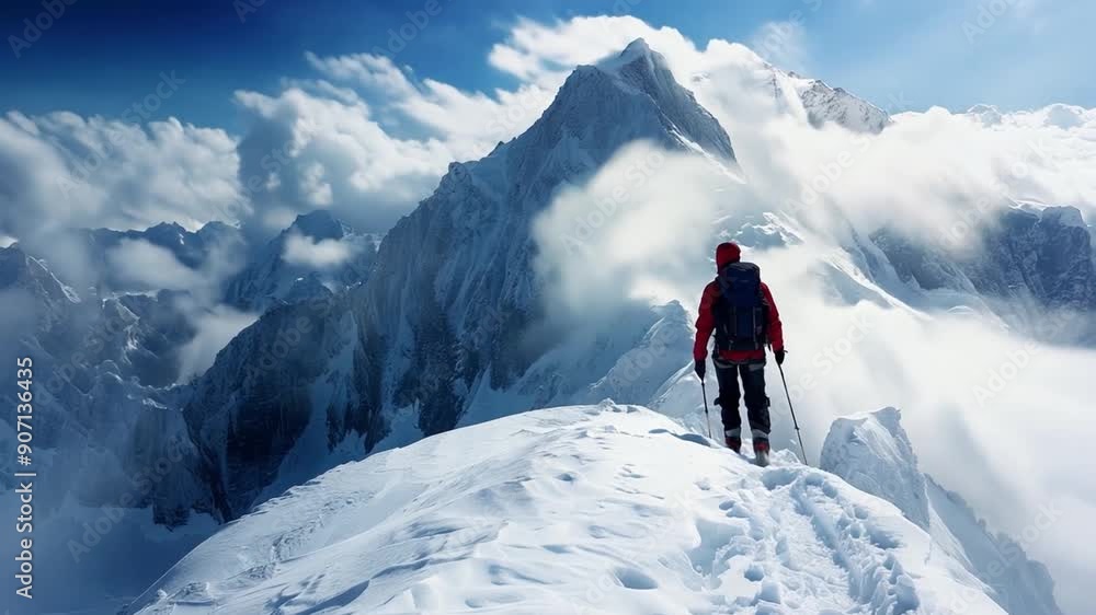 A mountaineer in red gear stands atop a snowy peak, gazing at the expansive mountain range under a bright blue sky with scattered clouds. A mountaineer in red gear stands atop a snowy peak, gazing at the expansive mountain range under a bright blue sky with scattered clouds.