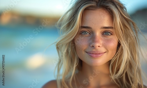 A wide banner displays a smiling, beautiful blonde woman enjoying the beach.