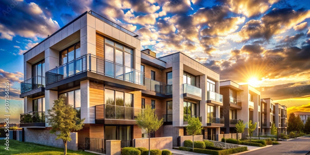 Modern townhouse facade with large windows and sleek architecture basks in warm afternoon light beneath a brilliant blue sky with scattered puffy clouds. Modern townhouse facade with large windows and sleek architecture basks in warm afternoon light beneath a brilliant blue sky with scattered puffy clouds.