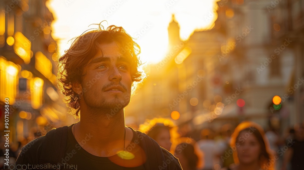 Man in golden sunset street - generative ai Man in golden sunset street - generative ai