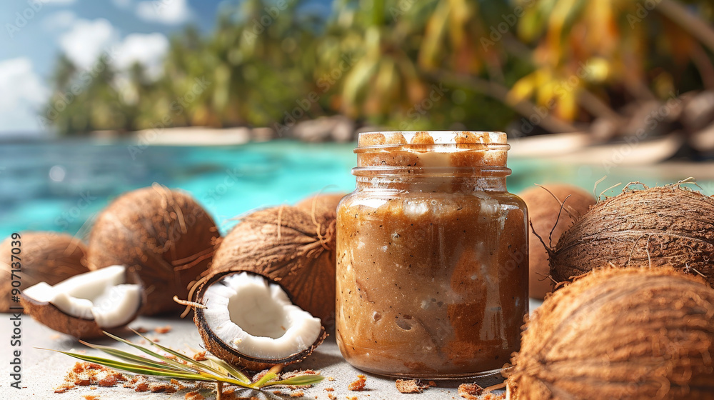 Jar coconut oil among whole split coconuts, blurred background palm tree beach. Soft natural light, warm tropical day Jar coconut oil among whole split coconuts, blurred background palm tree beach. Soft natural light, warm tropical day