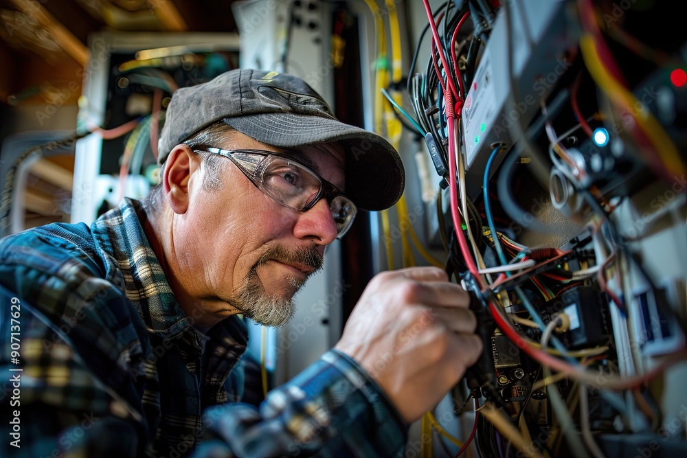 Experienced Electrician Skillfully Managing Complex Wiring System in Residential Basement During Daytime Experienced Electrician Skillfully Managing Complex Wiring System in Residential Basement During Daytime