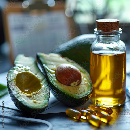 Close up avocado oil capsules spilling out bottle, health supplements in background. Bottle oil