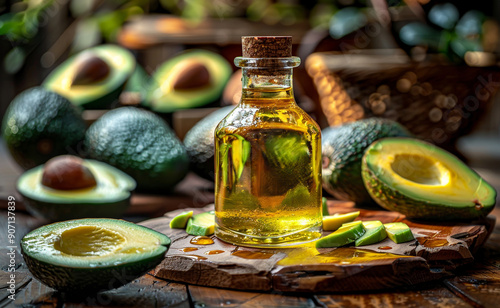 Bottle avocado oil surrounded avocados, rustic wooden background. Sun setting background