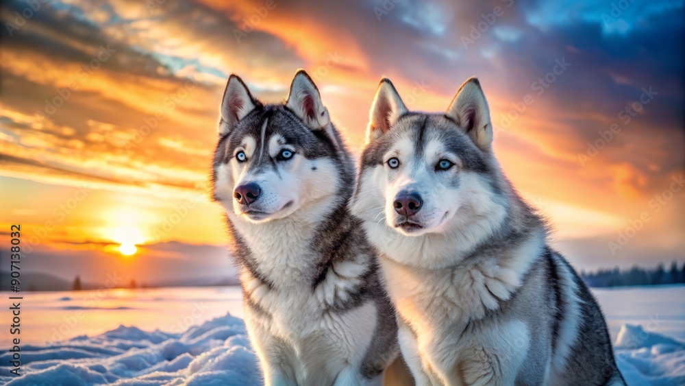 Fototapeta premium Majestic pair of Siberian huskies stand back to back, their thick gray and white coats glistening in the snow-covered Arctic wilderness landscape at dawn.