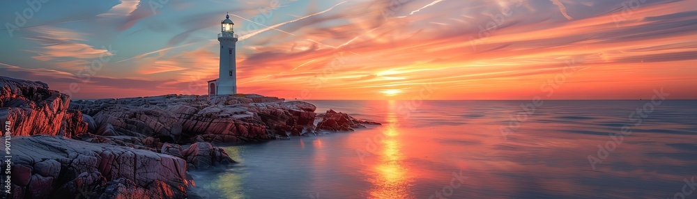 Obraz premium A serene lighthouse stands against a vibrant sunset, illuminating rocky shores and calm waters, perfect for coastal scenery lovers.