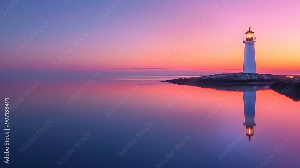 Fototapeta premium A serene lighthouse stands silhouetted against a vibrant twilight sky, reflecting beautifully in calm waters, perfect for tranquil scenes.