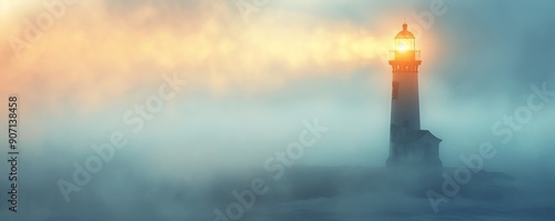 A serene lighthouse emerges from the fog, casting a guiding light over a tranquil ocean at dawn.