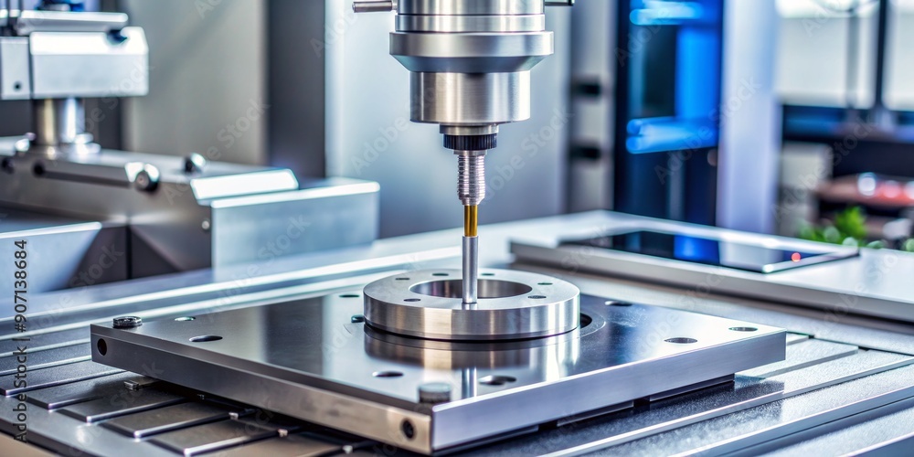 A probe from a precision coordinate measurement machine meticulously captures data from a carefully crafted engineering part during rigorous quality control inspection and analysis. A probe from a precision coordinate measurement machine meticulously captures data from a carefully crafted engineering part during rigorous quality control inspection and analysis.