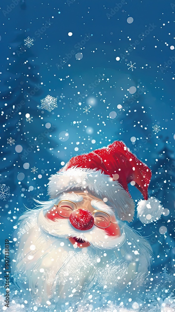 Joyful Santa Claus Smiling Against a Blue Background Surrounded by Snowflakes Joyful Santa Claus Smiling Against a Blue Background Surrounded by Snowflakes